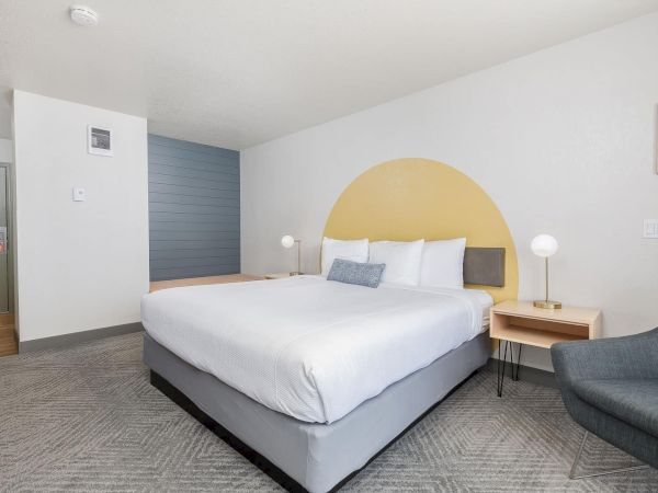 A modern hotel bedroom with a large bed, yellow arched headboard, bedside lamps, a gray sofa, and gray carpet flooring.