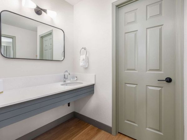 A bright bathroom with a gray vanity, white sink, wall mirror, and a paneled door.