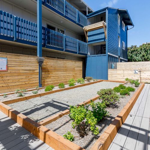 A blue apartment courtyard with wooden planter boxes, gravel, and shrubs along a narrow walkway under a sunny sky.